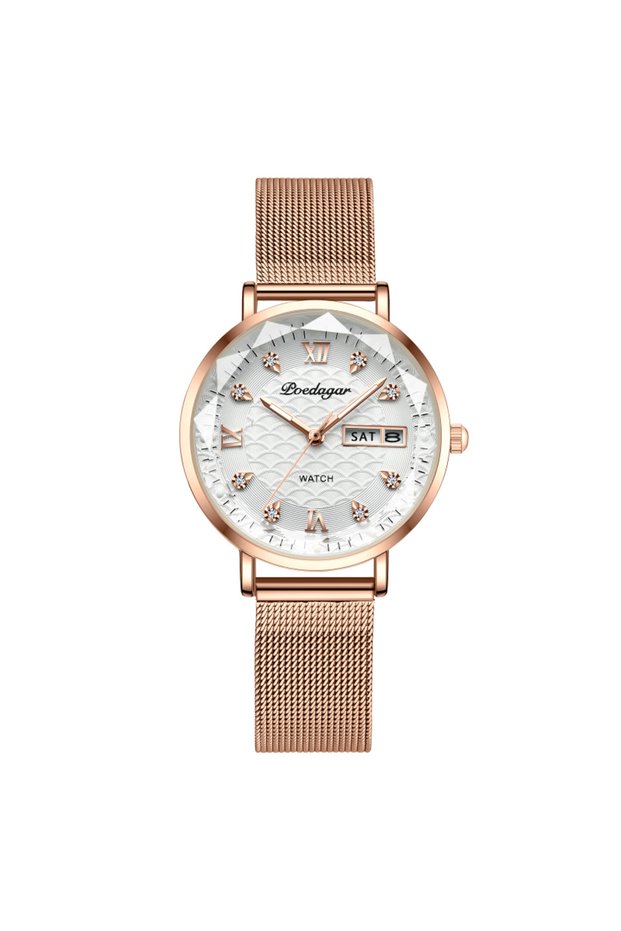 Rose Gold White M New Fashion Women Watch Week Date Stainless Steel Wristwatch Waterproof Luminous