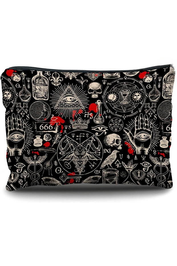 18X25cm 1 1pc Gothic Makeup Bag with Gothic Symbols (Pentagrams, Skulls, Bats, Occult) - Black & Red