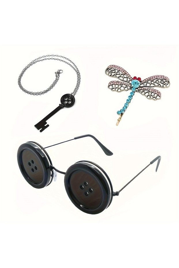 3PCS 3pcs Movie Coraline Necklace Green Seeing Stone Pendant Necklace Rope Chain Black Skeleton Key