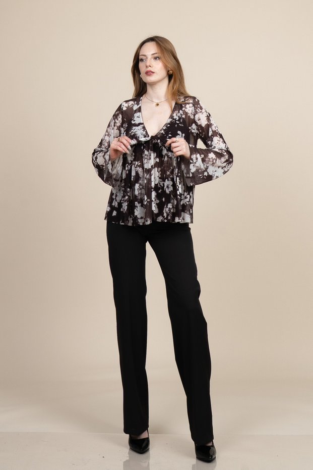 Women's Summer Coffee Front Tie Long Sleeve Tulle Blouse Stylish Casual 70054