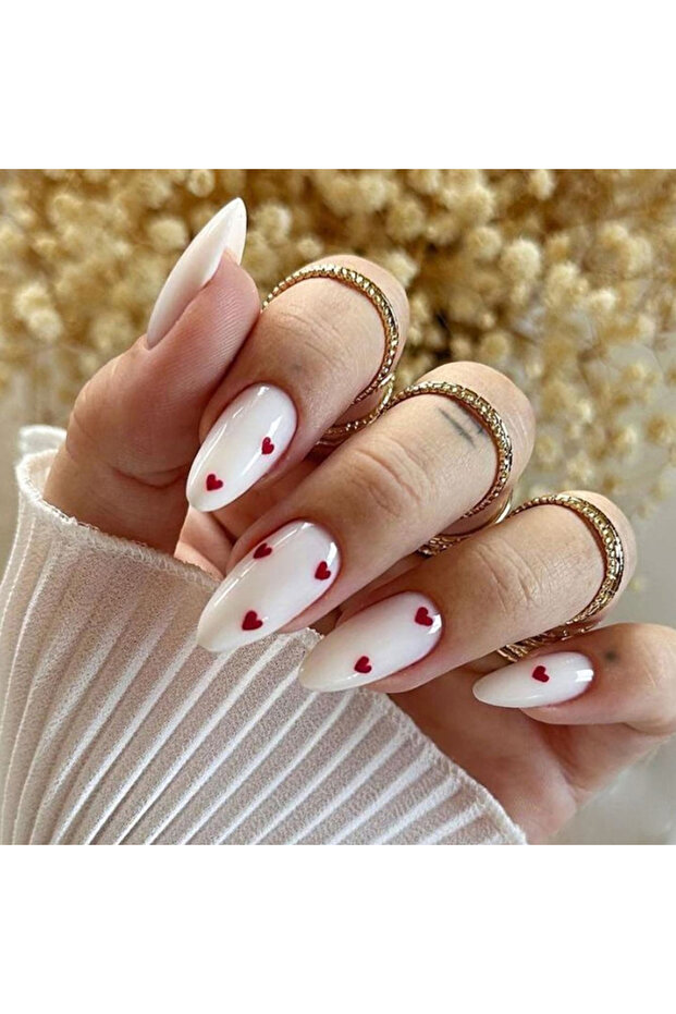 WHITE 24PCS Almond-Shaped Nails White Full Coverage Press Red Heart-Shaped Acrylic Nails-Shiny To St