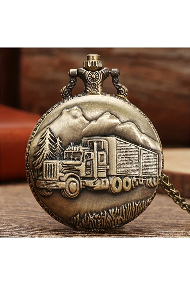 bronze Vintage Classic Steampunk Bronze Truck Pattern Pendant Necklace Chain Clock Quartz Pocket Wat