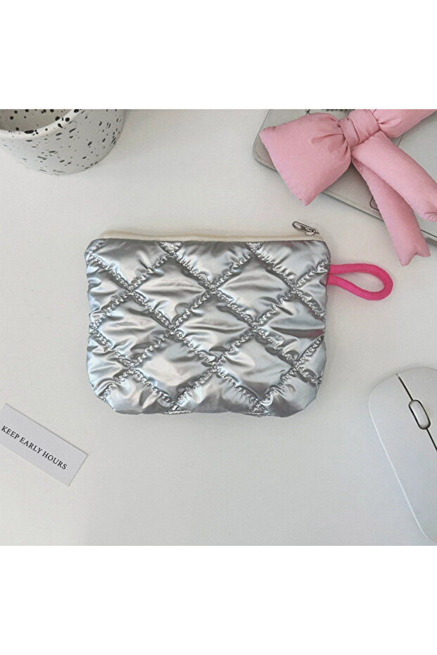 Silver Diamond Silver Lingge Bow Pattern Coin Purses Small Canvas Coin Wallet Lady Girls Earphone Co