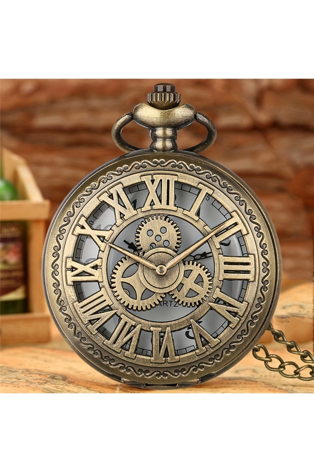 bronze Vintage Hollow Steampunk Gear Design Quartz Pocket Watch with Necklace Pendant, World-Time Fe
