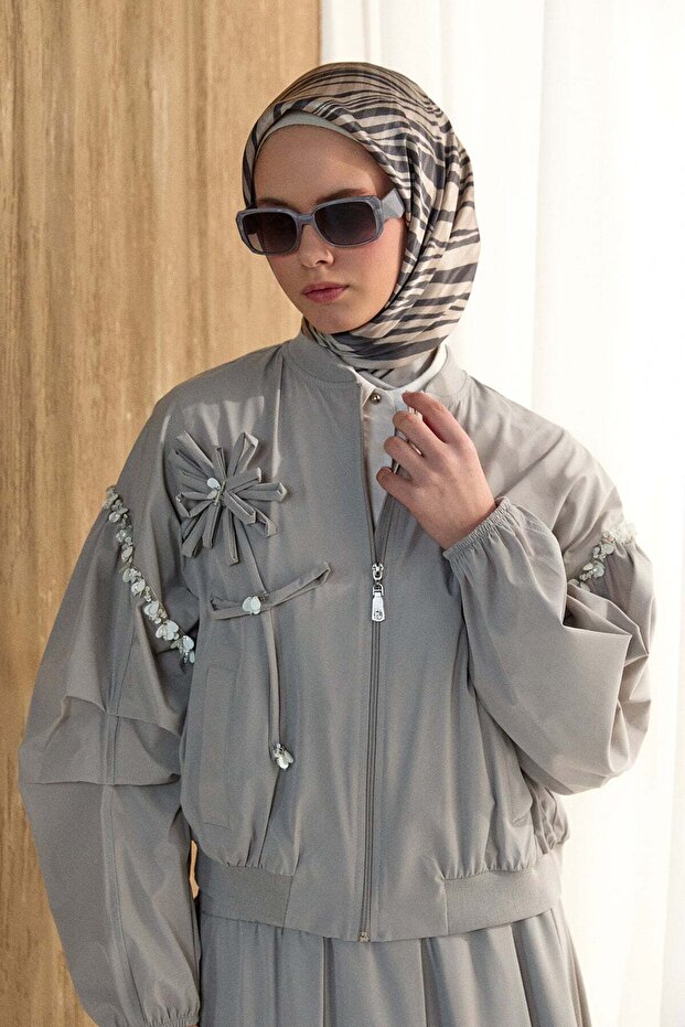 Çiçek Aplikeli Bomber Ceket - 4