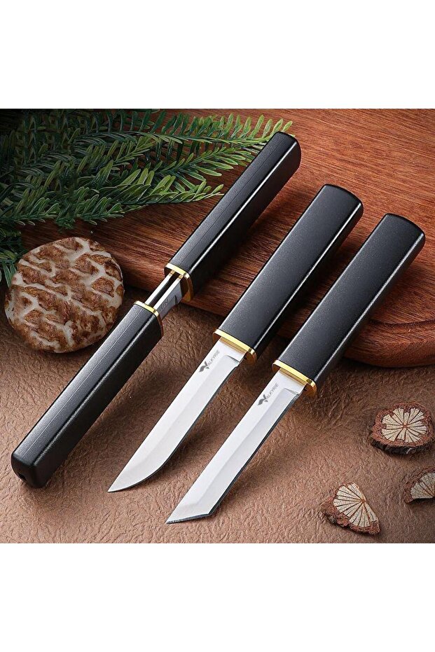 Set of 2 Japanese Tanto Chef Knives – Stainless Steel, with Sheath, Ultra Sharp Camping & Kitchen Knife Set Black