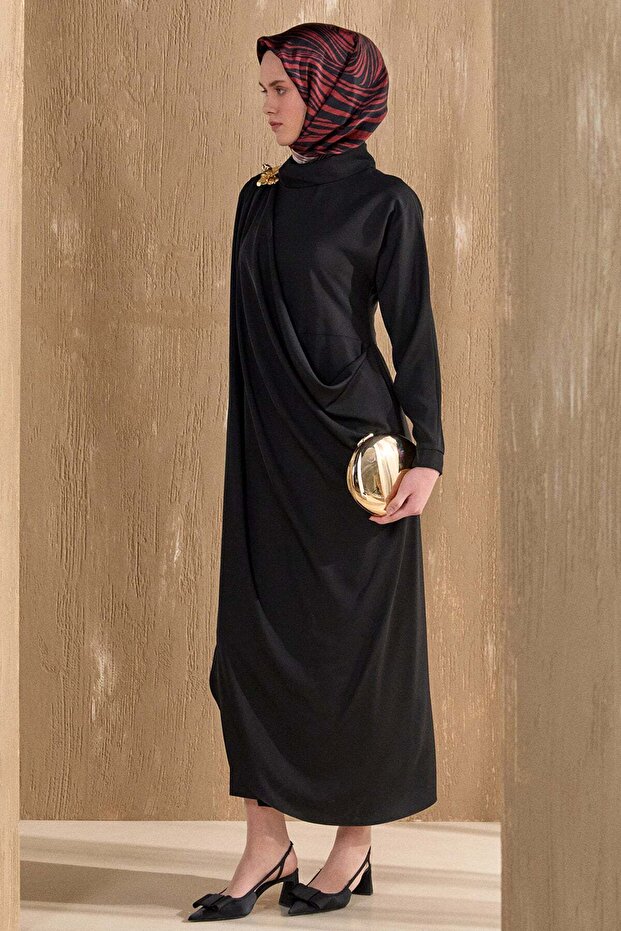 Asimetrik Drapeli Krep Elbise - 2