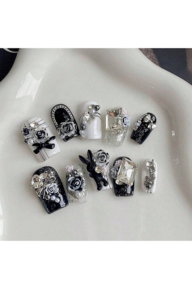 AHFH-S 10pcs Pure Manual Pressing Short Square Nail Art, Beautiful Fake Nails, Heavy-Duty Dark Flora
