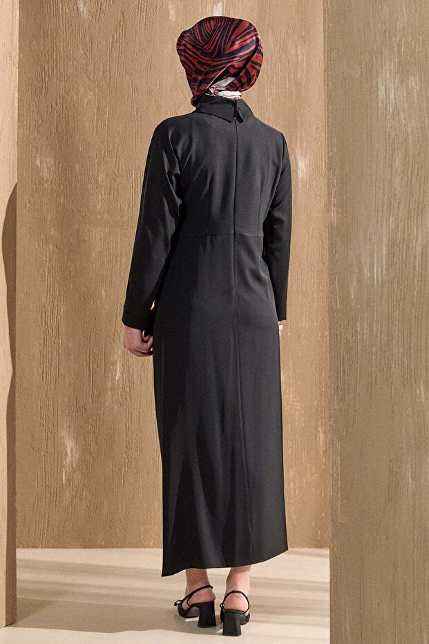 Asimetrik Drapeli Krep Elbise - 7