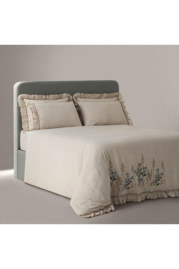 Latifa Double Duvet Cover Set 100% Organic Cotton Linen Embroidered Beige 200X220 cm