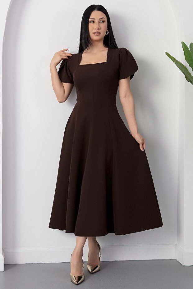 Kare Yaka Kol Pileli Elbise 2026-4550 - 7