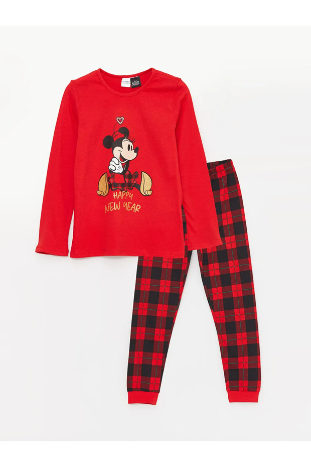 Lcw Kids Red Crew Neck Minnie Mouse Printed Long Sleeve Girls' Pajama Set