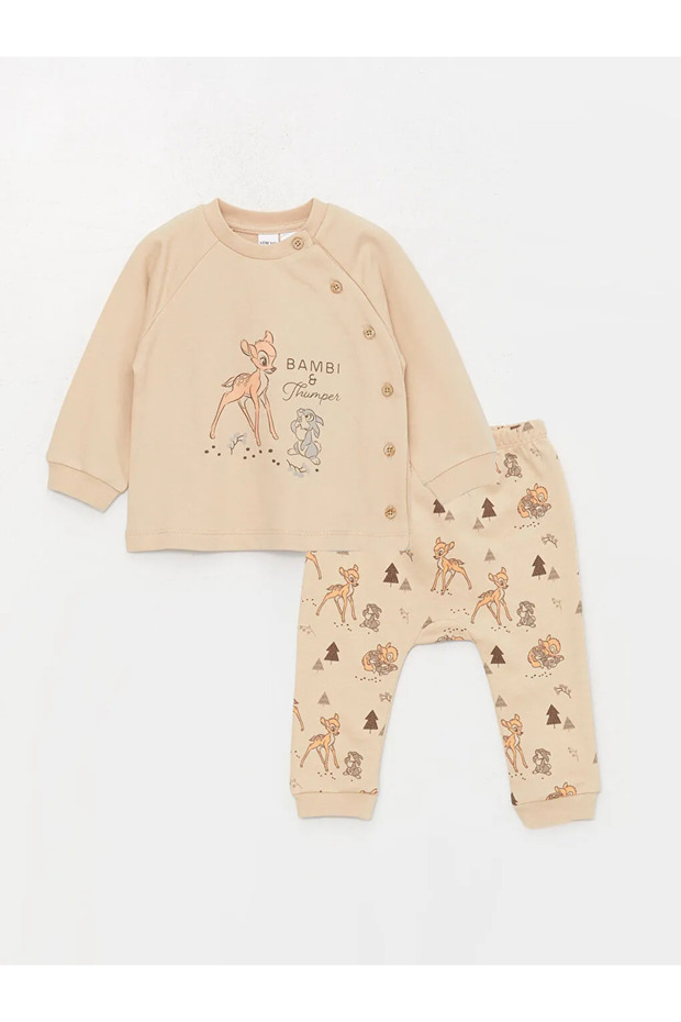 Lcw Baby Beige Crew Neck Long Sleeve Printed Baby Girl Cardigan and Pants 2-Piece Set