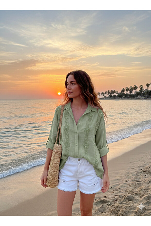 Stone Detailed Viscose Shirt Tunic – Elegance and Comfort Combined