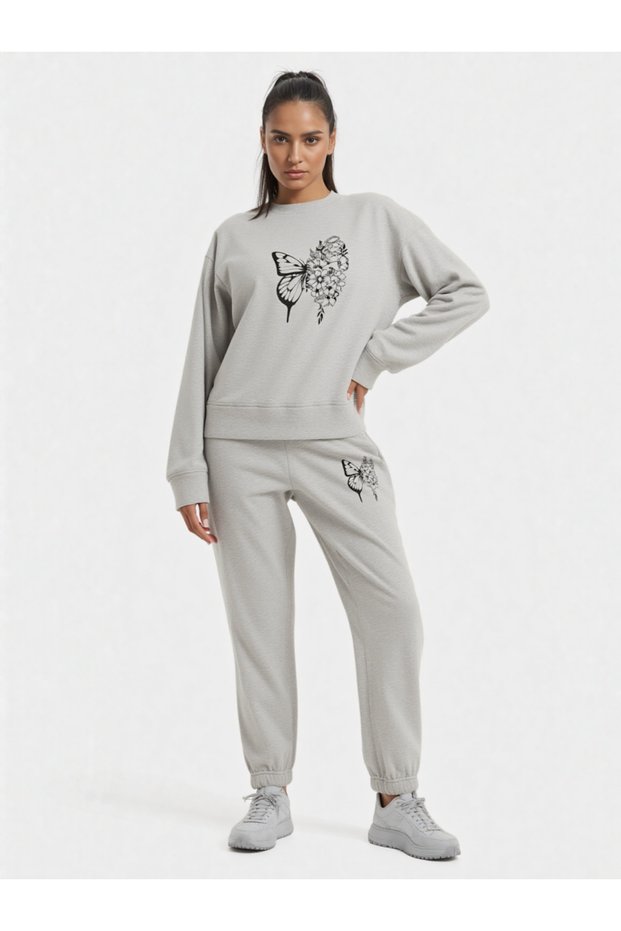 Butterfly Flower Printed Gray Women's Tracksuit Set 100% Cotton Shiny
