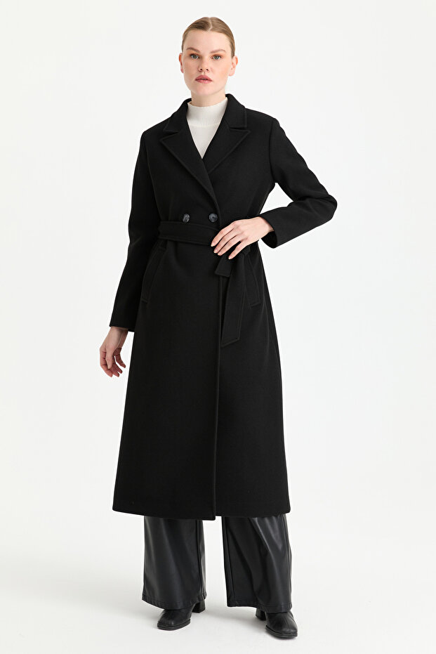 Çift Düğmeli Manto Siyah - 3