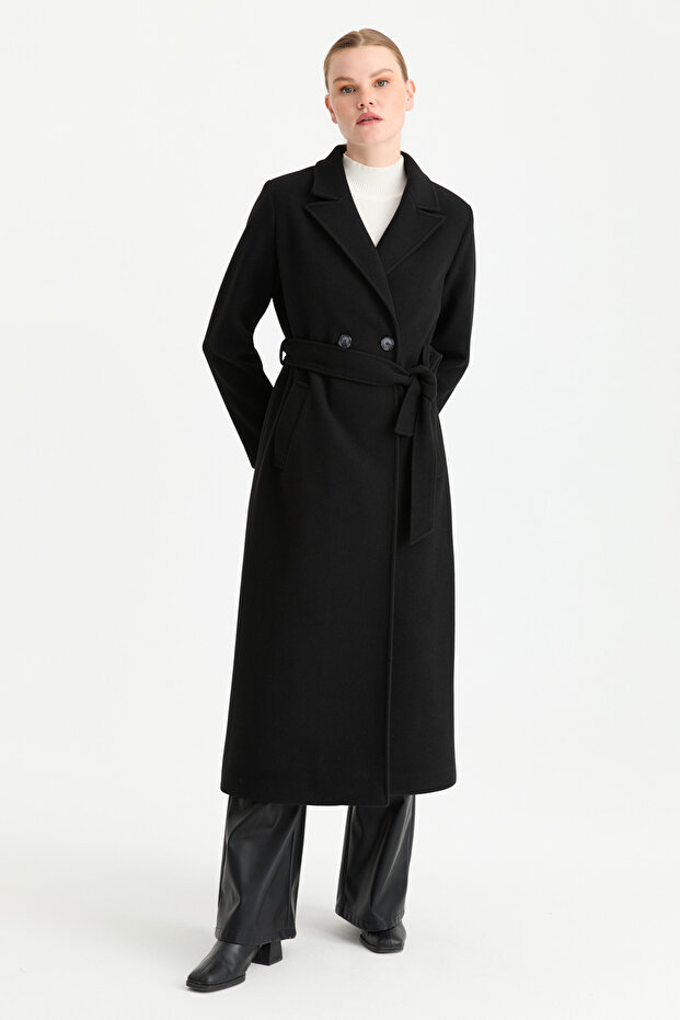 Çift Düğmeli Manto Siyah - 4