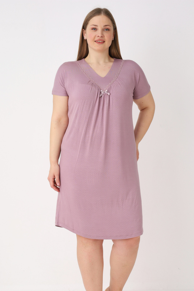 Polka Dot Short Sleeve Bow Detailed Lycra V-Neck Women's Plus Size Nightgown
