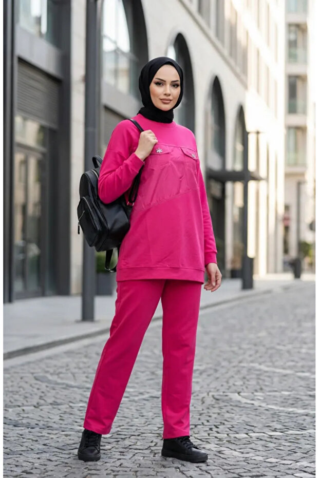 Pocket Detailed Double Suit 71149-01 Fuchsia