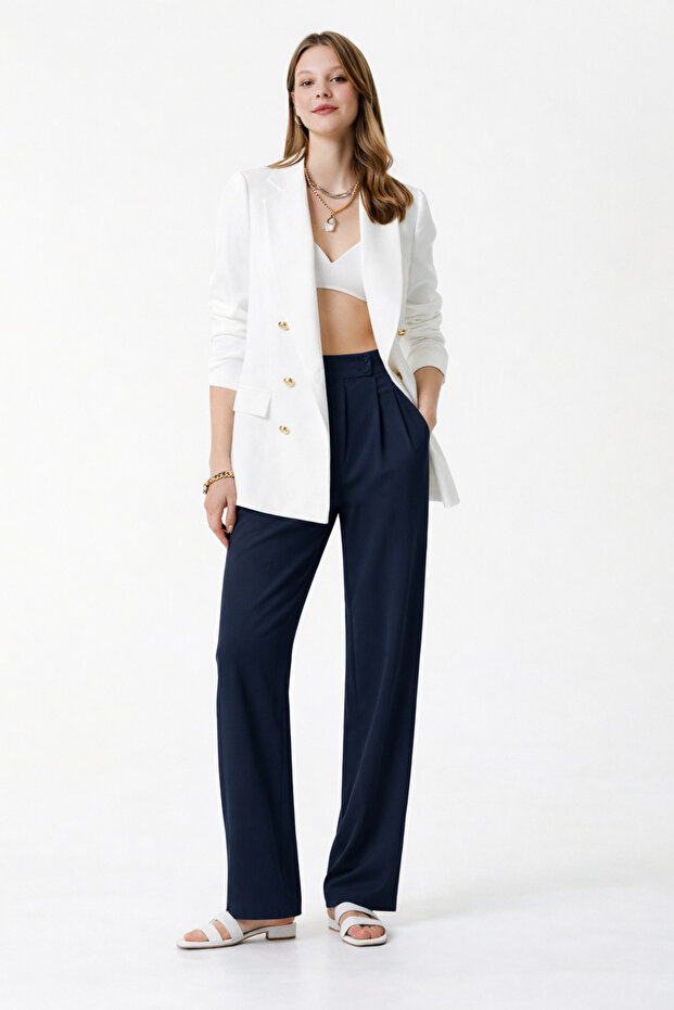 High-Waisted Navy Blue Crepe Palazzo Pants – Wide Legs, Flowing Texture, Office & Casual Chic