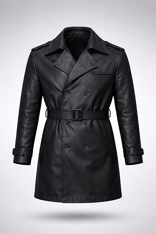 Men's Premium Belted Black Leather Trench Coat - Elegant Fit and Italian Cut (100cm)