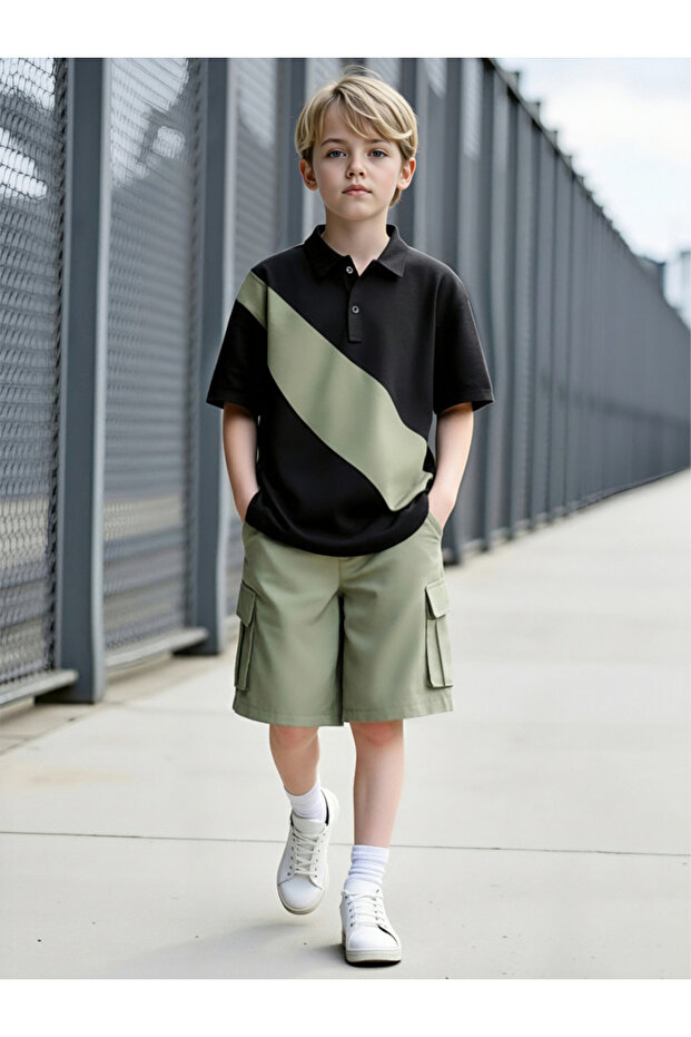 Boys Color Block Polo and Cargo Shorts Set