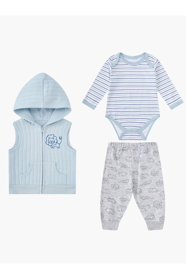 3-Piece Striped Bodysuit, Patterned Pants and Hooded Vest