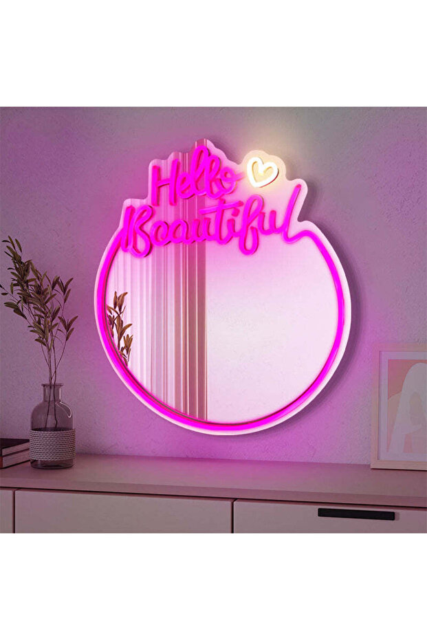 مرآة زينة مضيئة بتقنية LED نيون من هيلو بيوتيفول، مقاس 59×65 سم، لون وردي، سمك 8 مم