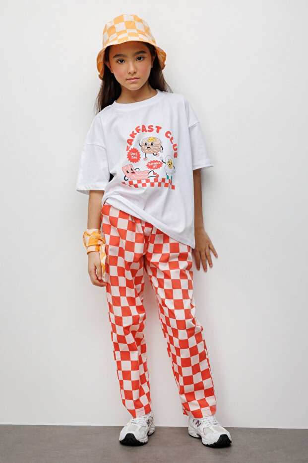 Red Breakfast Club Printed Checkered Pattern Kids T-Shirt and Pants Set - Lucia