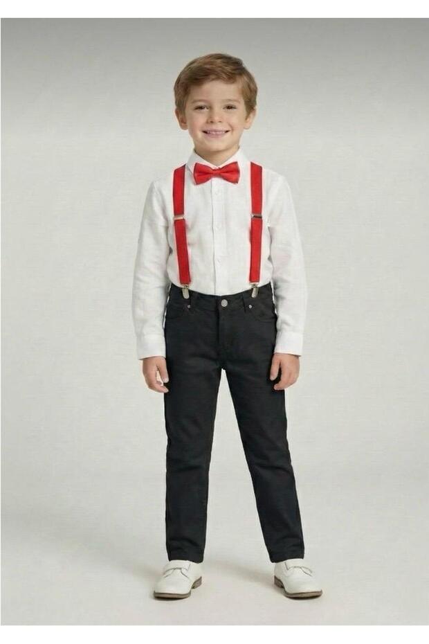 Boys' April 23 October 29 White Long Sleeve Shirt Black Pants Red Suspender Bow Tie Suit