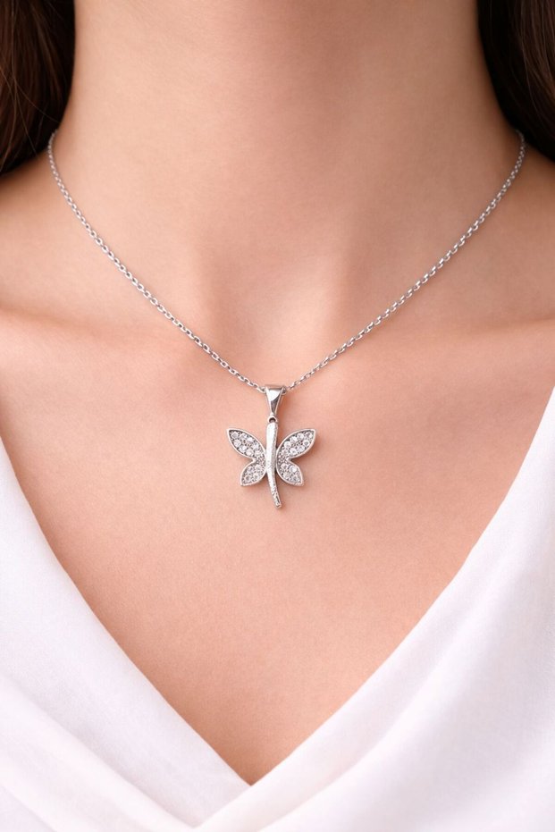 Butterfly Figured Stone Necklace – Silver Color Elegant Women's Necklace