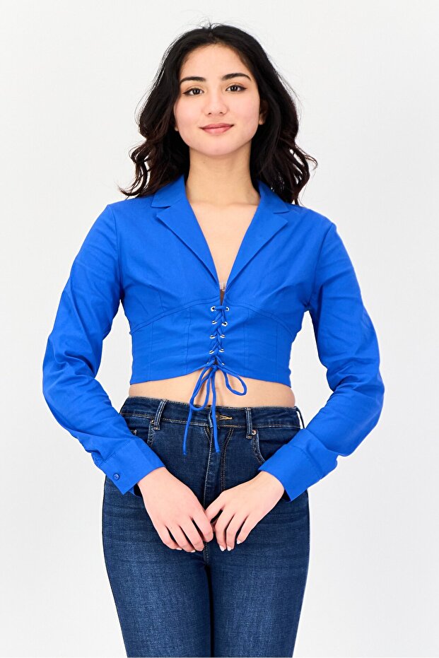 Women Spread Neck Long Sleeves Plain Crop Top, Royal Blue