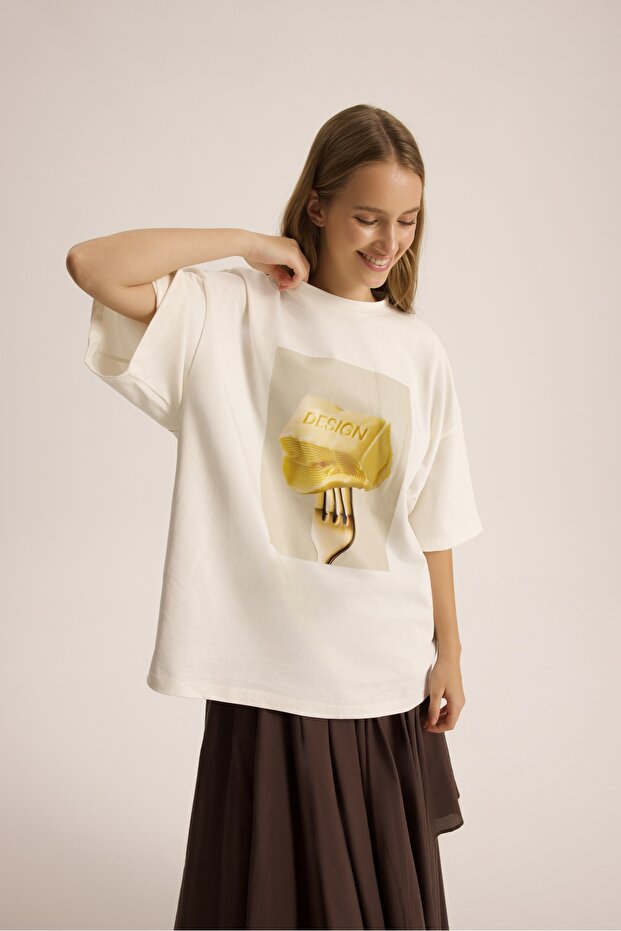 Fork Design Beyaz Oversize T-Shirt - 1