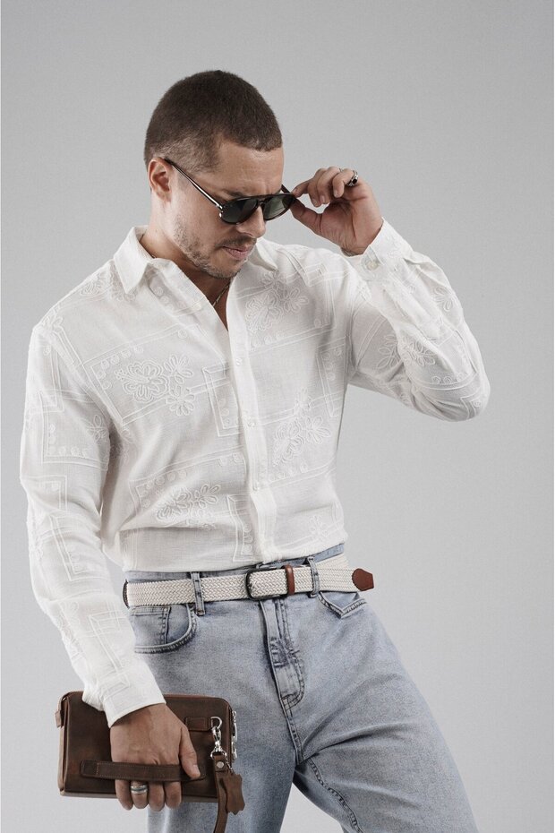 Regular Fit Embroidery Detailed Lattice Fabric Breathable 100% Cotton Men's Shirt