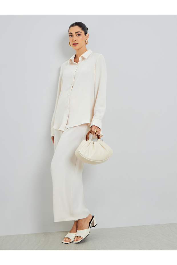 Cream Oversized Shirt and Wide Leg Pants Modest Set