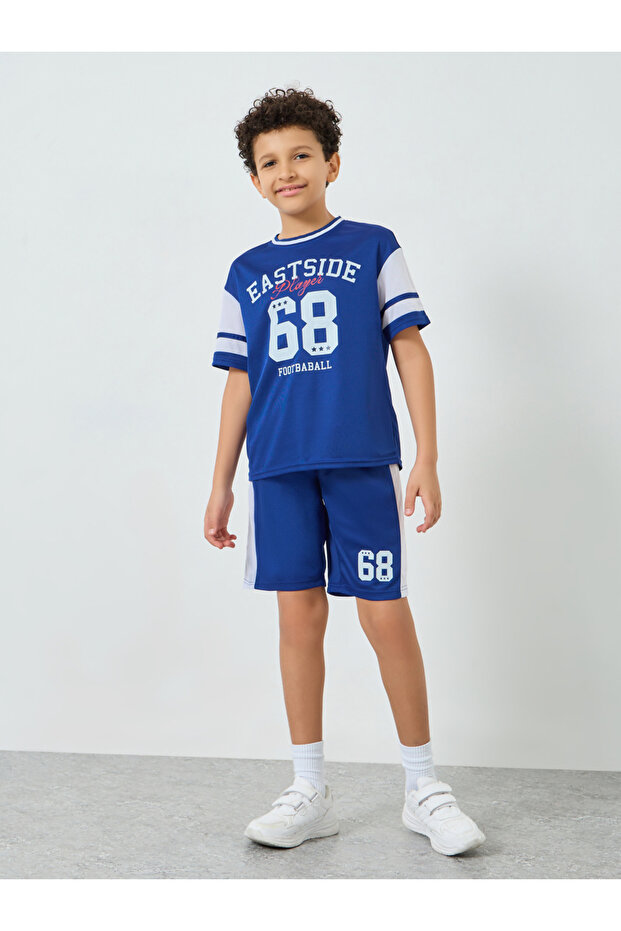 Boys Navy Blue Football Graphic T-Shirt and Shorts Set