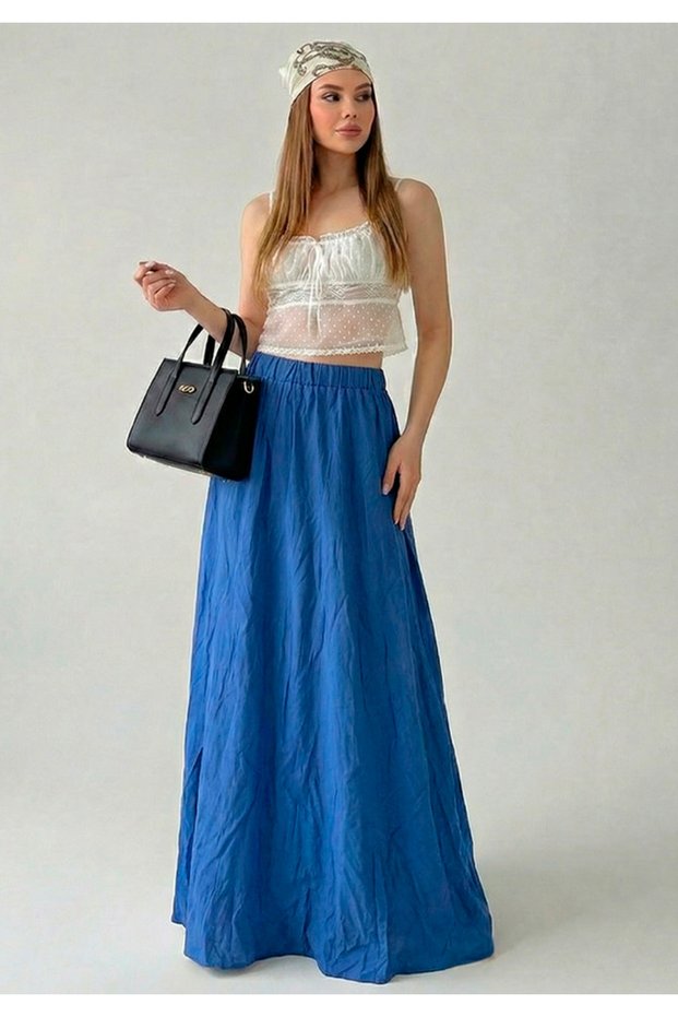 Women's Lined Tricot Fabric Maxi Length High Waist Loose Cut Skirt
