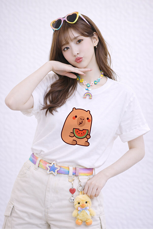Capybara Printed Unisex White Loose Fit T-Shirt – Oversize Cut 100% Cotton T-Shirt