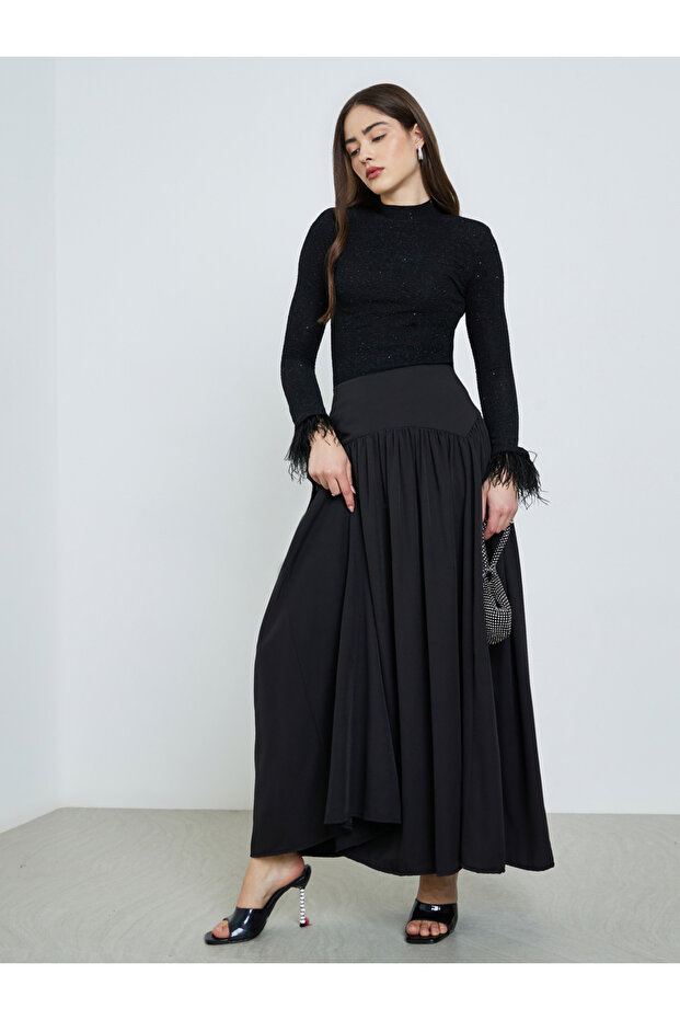 Black Wide Waistband Pleated Maxi Skirt