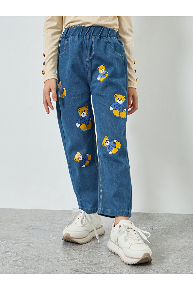 Girls Teddy Pear Graphic Print Cotton Jeans