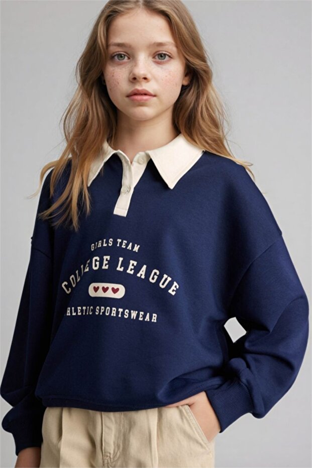 Relax Fit Polo Collar Printed Sweatshirt for Girls E6841A826Sp