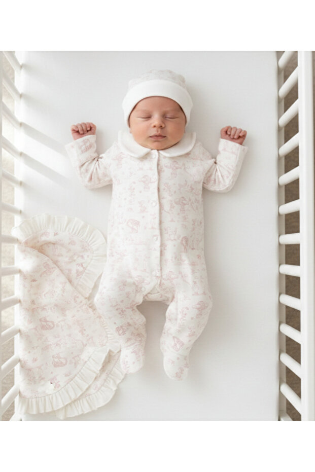 Safari Patterned Baby Set - Romper, Beanie and Ruffle Detailed Blanket Set 100% Cotton 3-Piece Set
