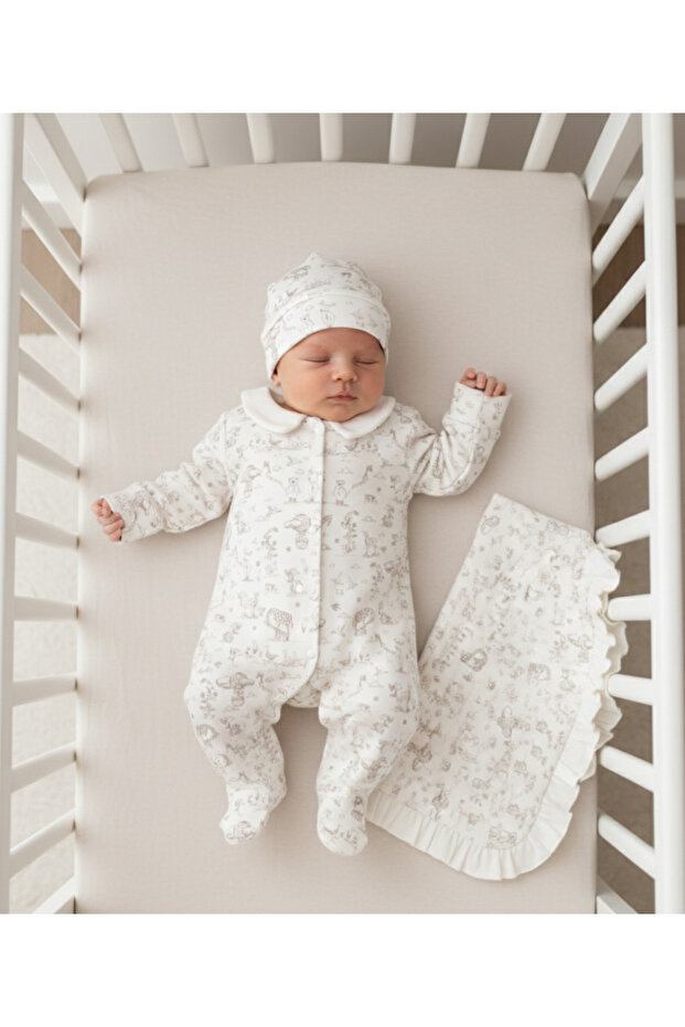 Safari Patterned Baby Set - Romper, Beanie and Ruffle Detailed Blanket Set 100% Cotton 3-Piece Set