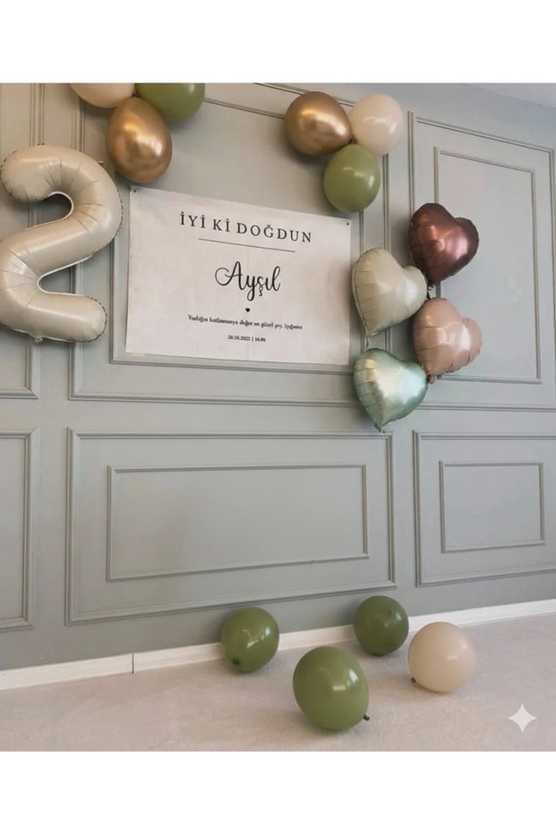 Birthday Concept with Age Balloons Mint Coffee Beige Cream Heart Foil Balloon 15 Pieces