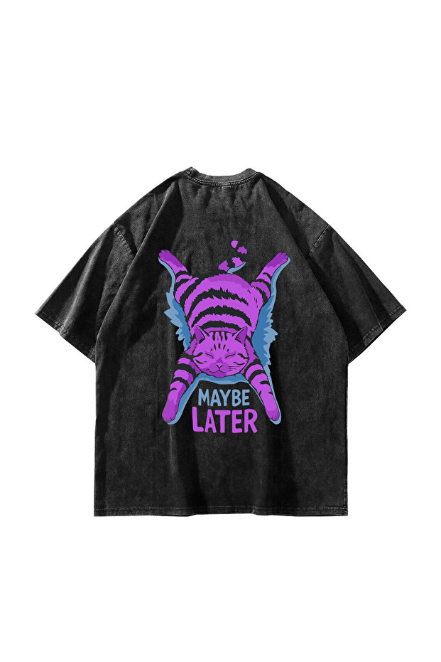 تيشيرت أسود كبير الحجم مطبوع عليه Maybe Later للجنسين قابل للغسل