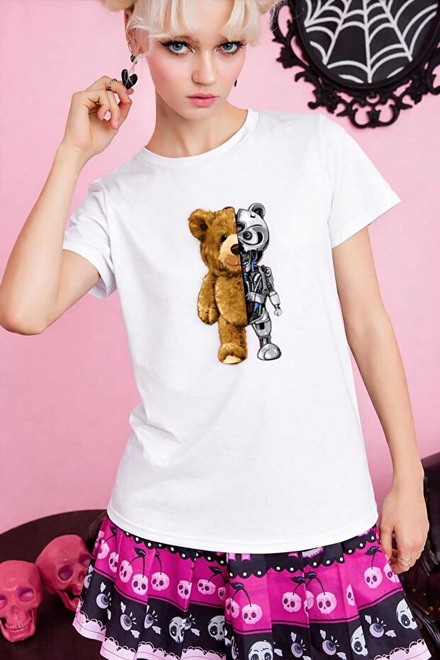 Women'S/Girls' Oversize Beige T-Shirt Half Plush Half Robot Teddy Bear Printed Cool Design