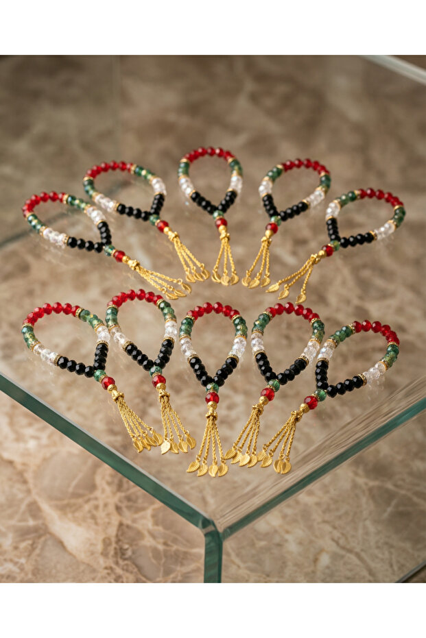 10-Piece Palestine Flag Design Handmade Gold Imame Rosary with Crystal Stones 33-Piece A300045-10