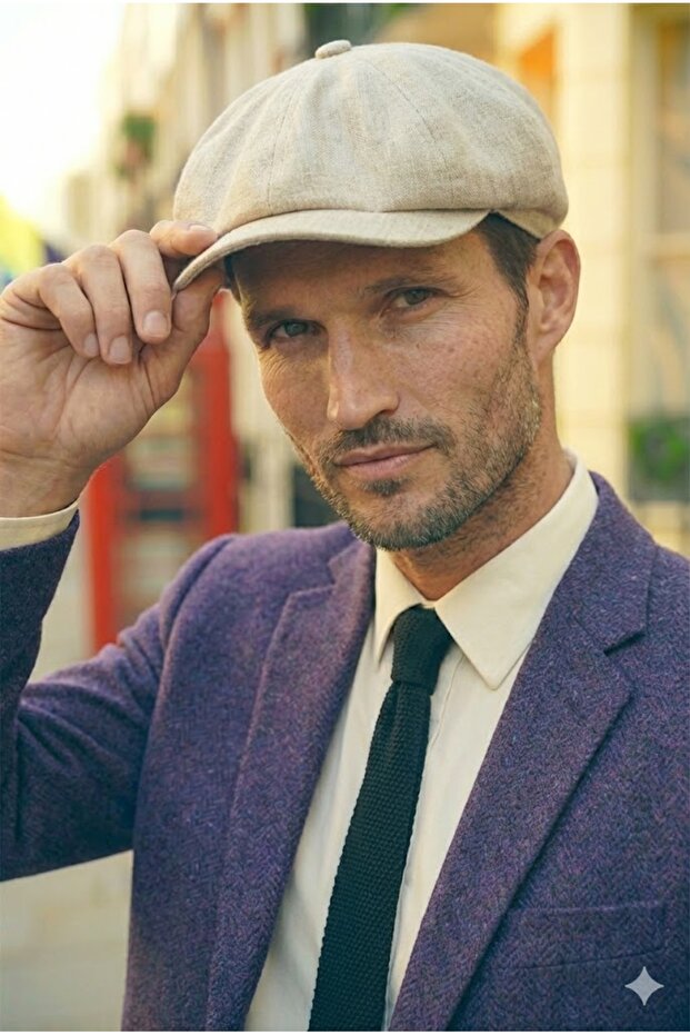 Men's Beige Summer Linen Hat British Modern Peaky Blinders Style