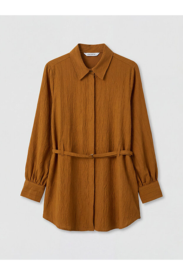 Giyçık Store Yellow Belted Oversize Dobby Women's Shirt Tunic