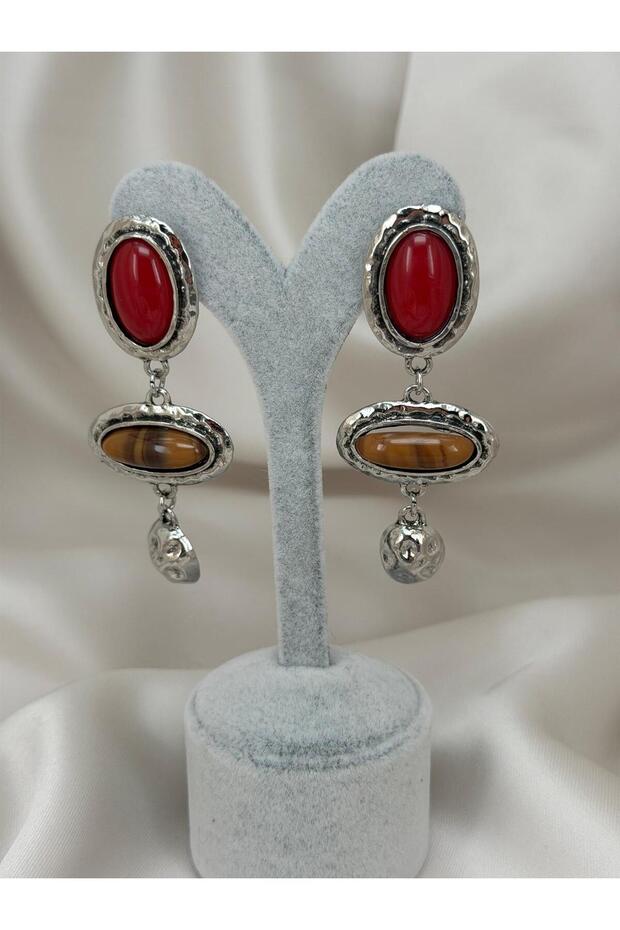 Vintage Red & Brown Stone Dangle Earrings – Antique Silver Design